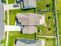 Aerial view of a landscaped backyard with a patio, outdoor seating area, and lush green grass at 4023 Spring Garden St, Fort Mill, SC 29715
