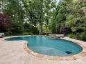 Backyard pool and spa featuring a stone border and lush landscaping at 238 Horton Grove Rd, Fort Mill, SC 29715