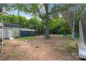 Spacious backyard featuring lush greenery, a small pool, trampoline, and storage shed at 2201 Grimes St, Charlotte, NC 28206