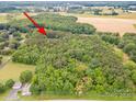 A distant aerial view showcases a home with mature trees and farmland in the background at 270 North St, Salisbury, NC 28147