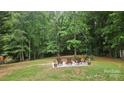Backyard patio with beautiful landscaping, hardscape, and mature trees at 5625 Linda Vista Ln, Charlotte, NC 28216