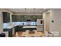 Stylish kitchen with green cabinets, stainless steel appliances, a center island, and wood-style floors at 320 Lawrence Gray Rd, Charlotte, NC 28262
