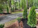 Tree lined driveway entrance with fresh mulch and new plantings at 3214 Tilley Morris Rd, Matthews, NC 28105