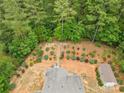 Aerial view of the home's backyard with a small garden featuring stone pathways and wooden benches at 6010 Hawk View Rd, Waxhaw, NC 28173