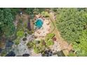 Aerial view of the inground pool with spa surrounded by patio furniture, rock landscaping, and lush trees at 9184 Greenwood Rd, Terrell, NC 28682