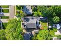 A bird's-eye view shows a house layout featuring a well-kept lawn and cozy fire pit area at 343 Melbourne Ct, Charlotte, NC 28209
