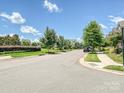 Wide shot of a quiet residential street showcasing the community's landscaping and single Gathering homes under a blue sky at 9405 Gladden Hill Ln, Pineville, NC 28134