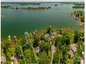 Aerial view of a lakefront property with a lush landscape and a private dock on a sunny day at 3248 Lake Shore S Rd, Denver, NC 28037