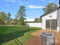 Exterior view of a home featuring a wooden deck, lush green grass, white privacy fence and mature trees at 8315 Adrian Ct, Charlotte, NC 28270
