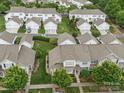 Aerial shot showcases a neighborhood with well-maintained townhomes, green spaces, and ample parking at 1061 Woodglen Ln, Matthews, NC 28104