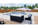 Backyard pool and spa with lounge seating, umbrella, and manicured landscaping at 309 Sain Rd, Statesville, NC 28625