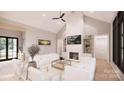 Bright living room featuring a vaulted ceiling, fireplace, large windows, and modern furnishings at 0000 Woodhill Cove Ln # 5, Denver, NC 28037