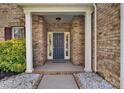 Inviting entryway showcasing a brick-lined porch and gray front door framed by white columns and landscaping at 6004 Trailwater Rd, Charlotte, NC 28278