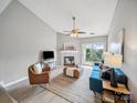 Cozy living room with fireplace, ceiling fan and sliding door access to the outside at 18817 Nautical Dr # 302, Cornelius, NC 28031