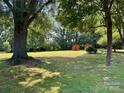 Large, grassy backyard featuring mature trees and two storage sheds at 8616 Fallsdale Dr, Charlotte, NC 28214