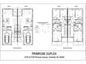 Primrose Duplex floor plan showing first and second floor layout, dimensions, and room locations at 2735 Primrose Ave, Charlotte, NC 28208