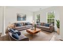 Bright living room showcasing modern sofas with blue pillows, a stylish coffee table, and natural light from large windows at 5002 Abode Lily Ln, Charlotte, NC 28227