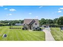 Expansive aerial view of a well-maintained property featuring a brick home, lush lawn, and private driveway at 3340 Emerald Pointe Ct, Monroe, NC 28110