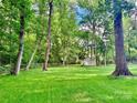 Large backyard featuring a lush lawn, mature trees, and a classic wooden fence at 7344 Maitland Ln, Charlotte, NC 28215