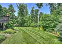 Spacious backyard with lush green grass, mature trees, and a charming swing set at 7916 Deerbridge St, Mint Hill, NC 28227