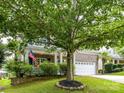 Beautifully landscaped front yard with mature trees and green grass complementing the brick facade of the home at 1016 Yellow Daisy Dr, Matthews, NC 28104