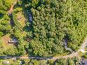 Aerial view of a wooded property, featuring mature trees and the property's long driveway at 11201 Johnson Davis Rd, Huntersville, NC 28078