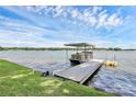 Modern dock with boat lift on a serene lake, under a blue sky at 160 Quail Hollow Dr, Kings Mountain, NC 28086
