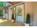 Charming front porch featuring a stylish light blue door, decorative wreath, and well-manicured potted trees at 10043 Tepa Pl, Tega Cay, SC 29708
