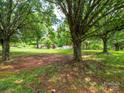 Expansive front yard with mature trees leading up to a charming home with a detached garage at 409 Ridge Rd, Clover, SC 29710