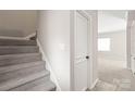 Neutral staircase with carpeted steps and a white door on the mid-level landing at 5949 Quail Hollow Rd # E, Charlotte, NC 28210