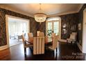Formal dining room featuring a round wood table, striped chairs, and elegant wallpaper with a chandelier at 1137 Queens W Rd, Charlotte, NC 28207
