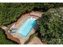 Aerial view of a refreshing in-ground pool surrounded by lush greenery, lounge chairs, and beautiful landscaping at 24756 Strand Dr, Albemarle, NC 28001