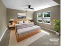 This cozy bedroom features a ceiling fan, carpet, and natural light from dual windows at 11211 James Coy Rd, Huntersville, NC 28078