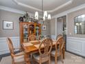 Elegant dining room with classic wood furniture, wainscoting, and a stylish chandelier at 7700 Antique Cir, Waxhaw, NC 28173