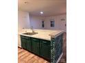 An open-concept kitchen with green cabinets and stainless steel sink is great for entertaining at 379 Sharpe St, Mooresville, NC 28115