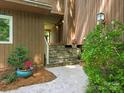Home featuring stone steps to the front entrance, potted plants and lighting at 3310 Windbluff Dr, Charlotte, NC 28277