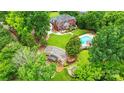 Expansive backyard with a sparkling pool, lush greenery, a guest house, and mature trees at 1042 Heather Glen Dr, Matthews, NC 28104