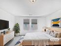 Staged primary bedroom with white walls, modern decor, and a comfortable bed at 10328 Kempsford Dr, Charlotte, NC 28262