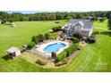 Beautiful aerial view of private in-ground pool and fenced backyard oasis surrounded by lush greenery at 3068 Green Acres Ln, Claremont, NC 28610