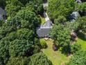 Aerial view of a secluded home nestled among lush green trees and mature landscaping, offering privacy at 4605 Sarandon Ct, Charlotte, NC 28215