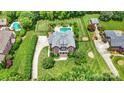 Aerial view of a brick home with pool and landscaped backyard at 3706 Song Sparrow Dr, Matthews, NC 28104