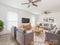 Bright, open living room with neutral tones, ample seating, stylish decor, and hardwood flooring throughout at 7416 Quail Ridge Dr, Charlotte, NC 28226