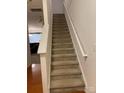Carpeted staircase with white handrail, leading to the upper level of the home at 13116 Erwin Rd, Charlotte, NC 28273
