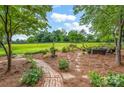 Picturesque backyard view with a lush lawn, flowers, and a wooden fence in the distance at 169 Primrose Ln, Statesville, NC 28625