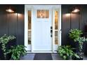 Elegant front entrance with a stylish white door, sidelights, and decorative plants at 369 Skyland Ct, Mount Gilead, NC 27306
