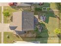 Aerial view of backyard with fire pit, playset, fenced yard, and well-maintained landscaping at 4113 Bent Green Ln, Monroe, NC 28112