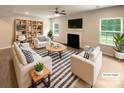 Bright living room with fireplace, built-in shelving, and stylish decor, virtually staged for design inspiration at 2382 Drake Mill Sw Ln, Concord, NC 28025