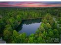 Picturesque aerial view of a wooded property featuring a serene lake surrounded by lush greenery at 408 Covington Xing, Matthews, NC 28104