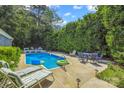 Backyard swimming pool surrounded by lounge chairs, dining table, and lush greenery at 4911 Rivergreen Ln, Charlotte, NC 28227