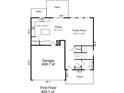 Open-concept first-floor plan features a spacious Gathering room, dining area, kitchen, pantry, and garage at 6412 Bluegill Rd, Charlotte, NC 28216